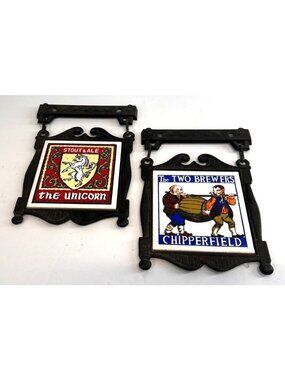 VTG Two Brewers hanging cast metal and tile sign, brewania, pub, JAPAN